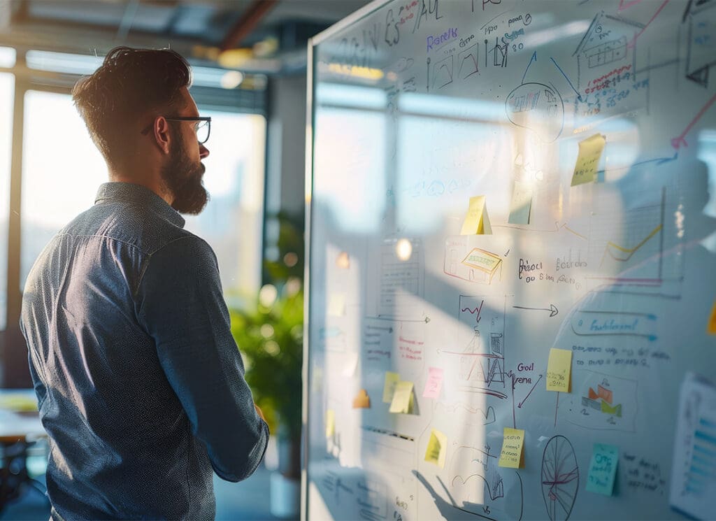 Insurance Solutions - Man in Glasses Analyzing a Strategy Board With Sticky Notes in a Sunlit Modern Office